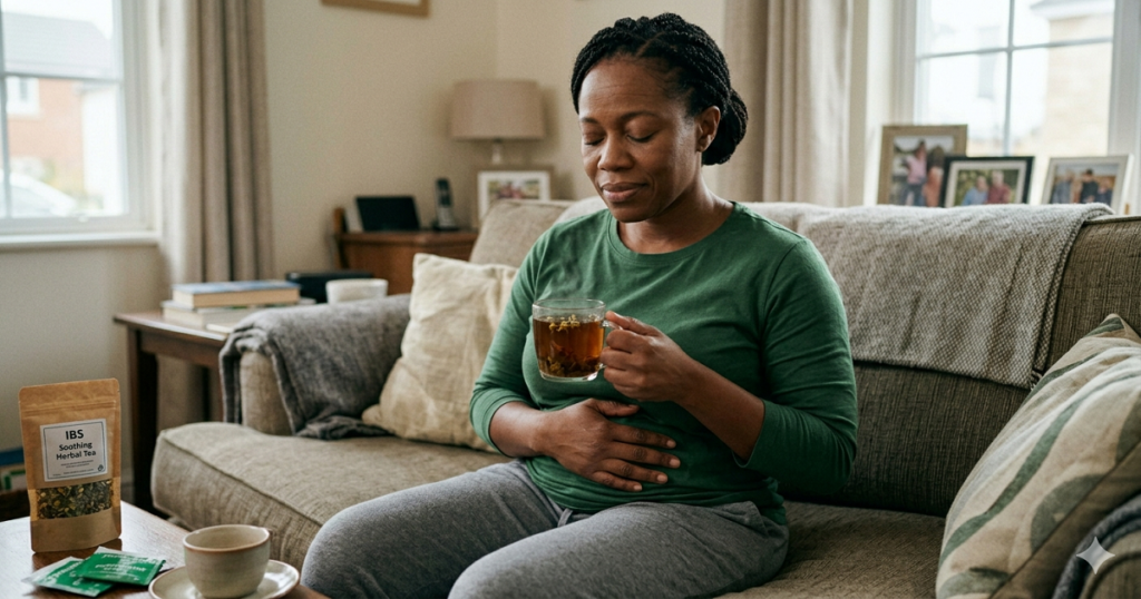 A person managing IBS symptoms with a warm herbal tea — a simple, natural approach to gut comfort