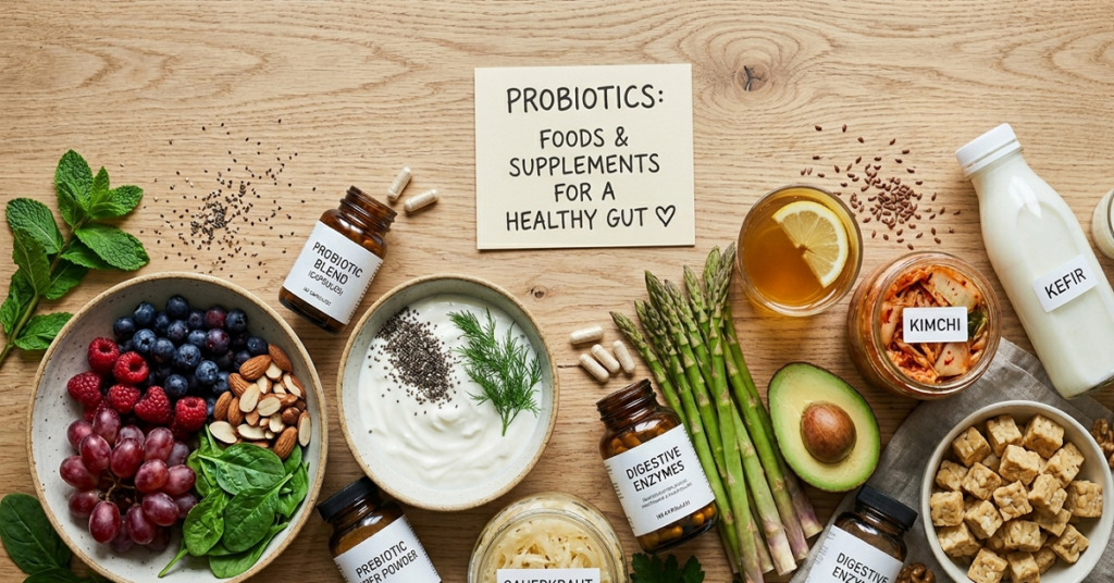 Probiotic supplements alongside fermented foods — showing both food-based and supplement-based probiotic sources