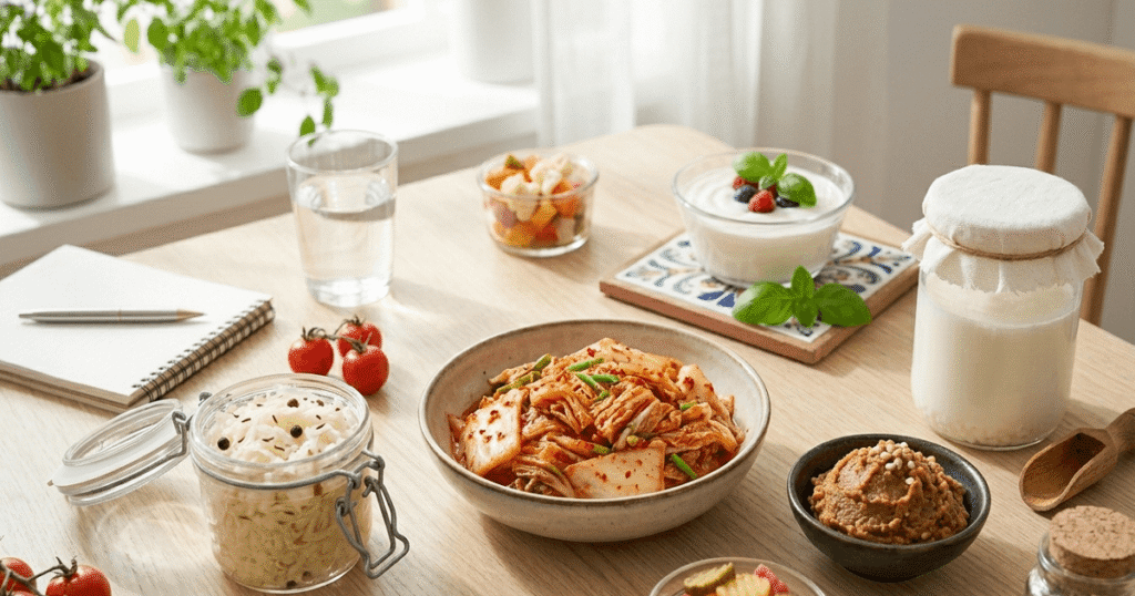 A colorful spread of fermented foods including kimchi, sauerkraut, and yogurt — evidence-backed gut health staples, not a wellness trend