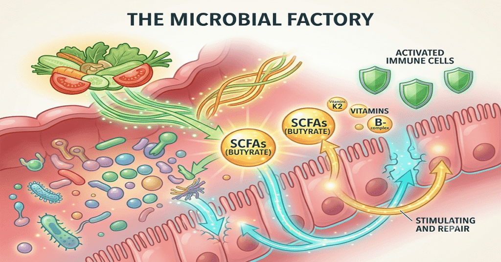 An energetic vector graphic showing gut bacteria fermenting prebiotic plant fiber into short-chain fatty acids (SCFAs).