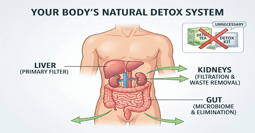A medical diagram showing how the liver, kidneys, and gut naturally detoxify the body without detox products.