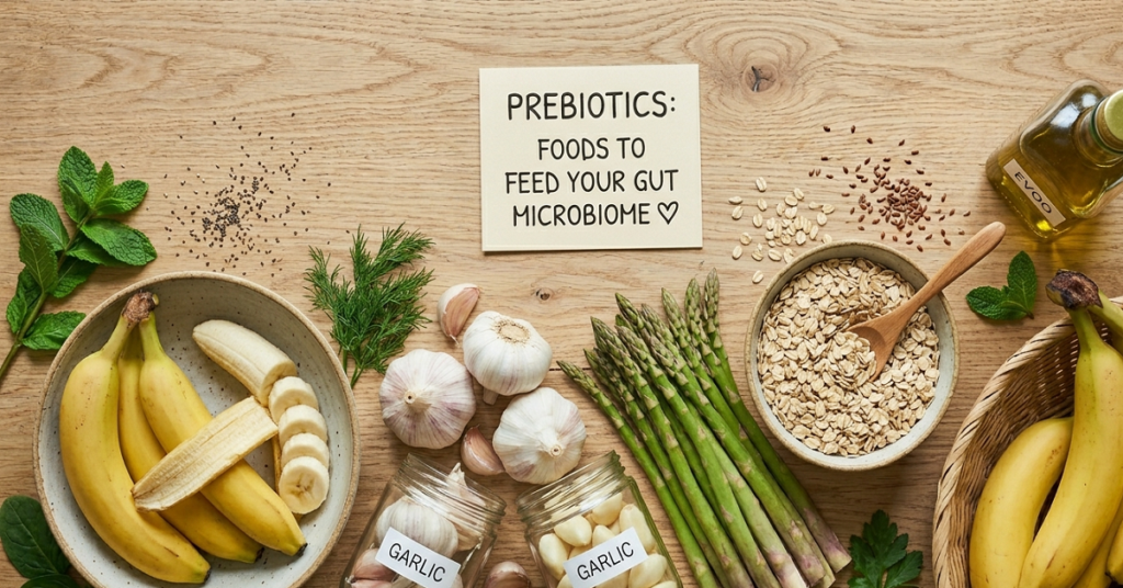 Prebiotic-rich foods including garlic, oats, and asparagus — the best natural prebiotic sources for gut bacteria