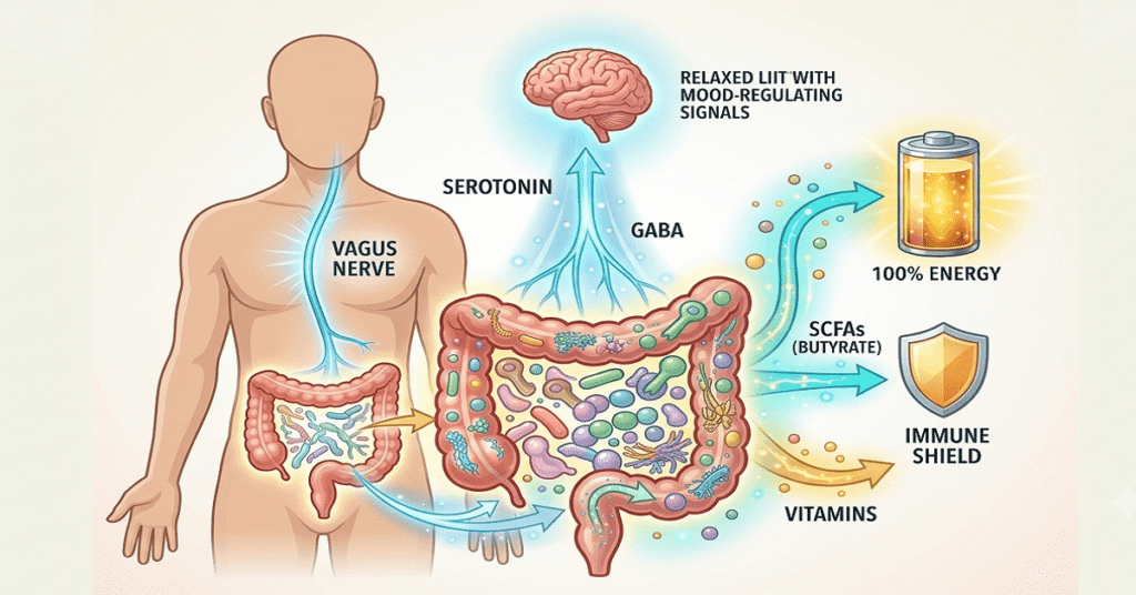 A medical vector graphic showing a human body with a brightly glowing gut microbiome producing energy, neurotransmitters, and nutrients.