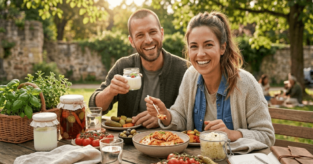A woman and man looking healthy and energized outdoors — representing how gut health supports hormone balance for everyone