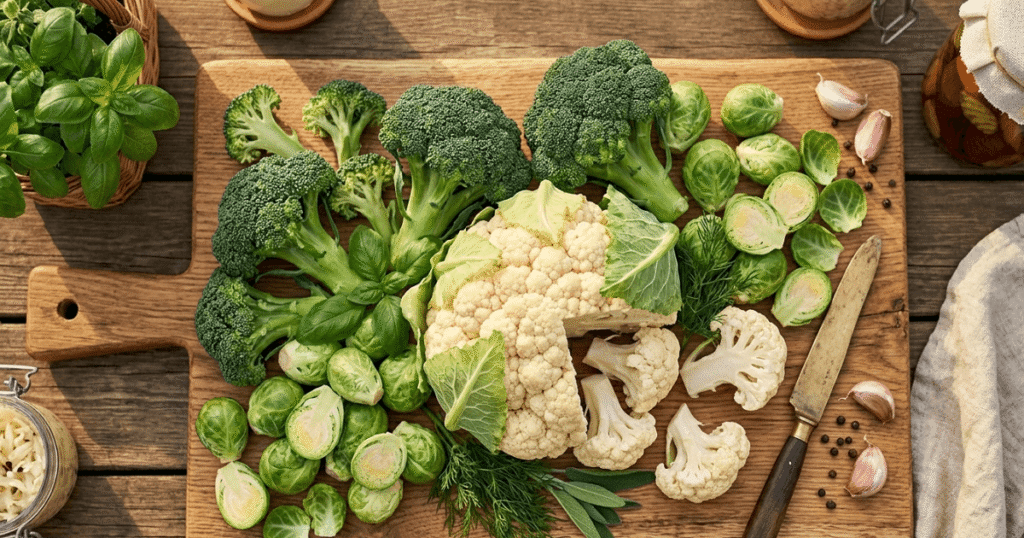 Cruciferous vegetables including broccoli and Brussels sprouts — supporting estrogen clearance through the gut