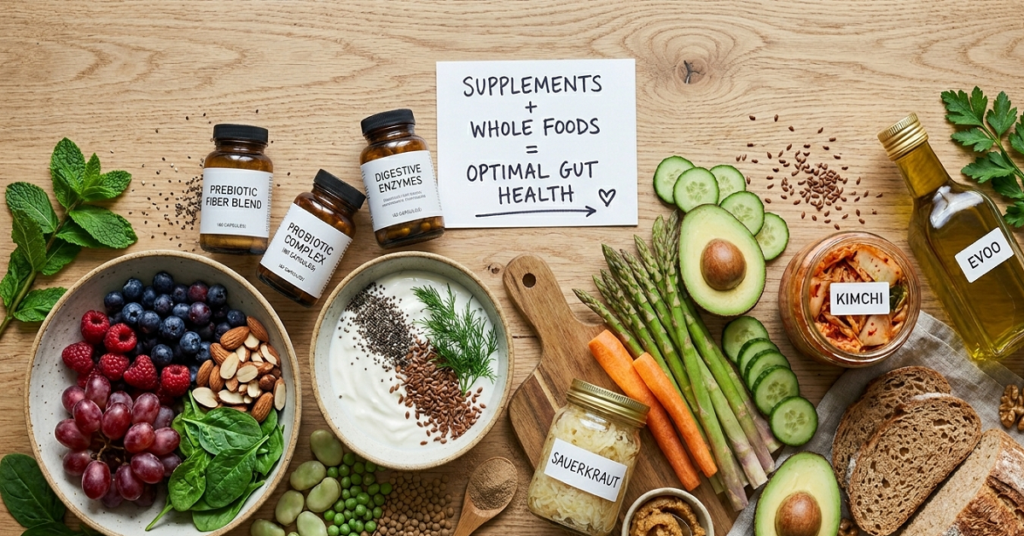 Gut microbiome-friendly foods including fermented vegetables and fiber-rich plants