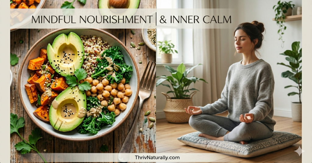 A split image representing the gut-brain connection — healthy gut foods on one side and a calm, focused mind on the other