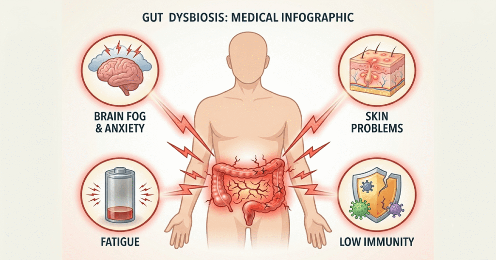 A clean medical vector diagram mapping how an unhealthy gut sends warning signals to the brain, skin, immune system, and energy levels.