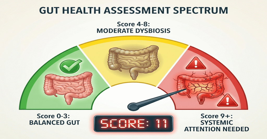 A visual meter showing gut health severity scores from balanced green to systemic red attention zones.