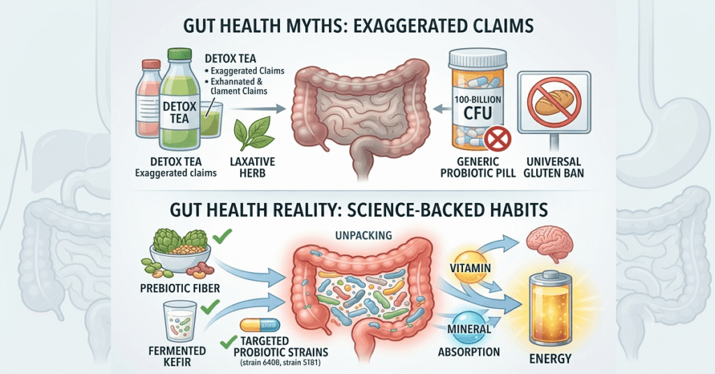 A two-panel medical infographic comparing gut health myths like detoxes and high-dose supplements to science-backed dietary realities.
