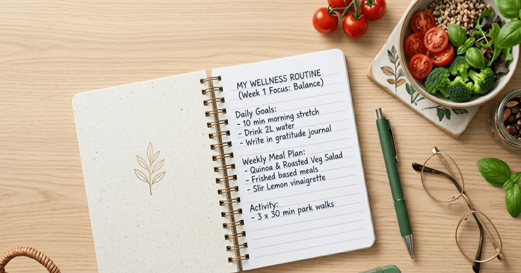 A notebook and pen alongside healthy food — representing the practical, step-by-step approach to improving gut health