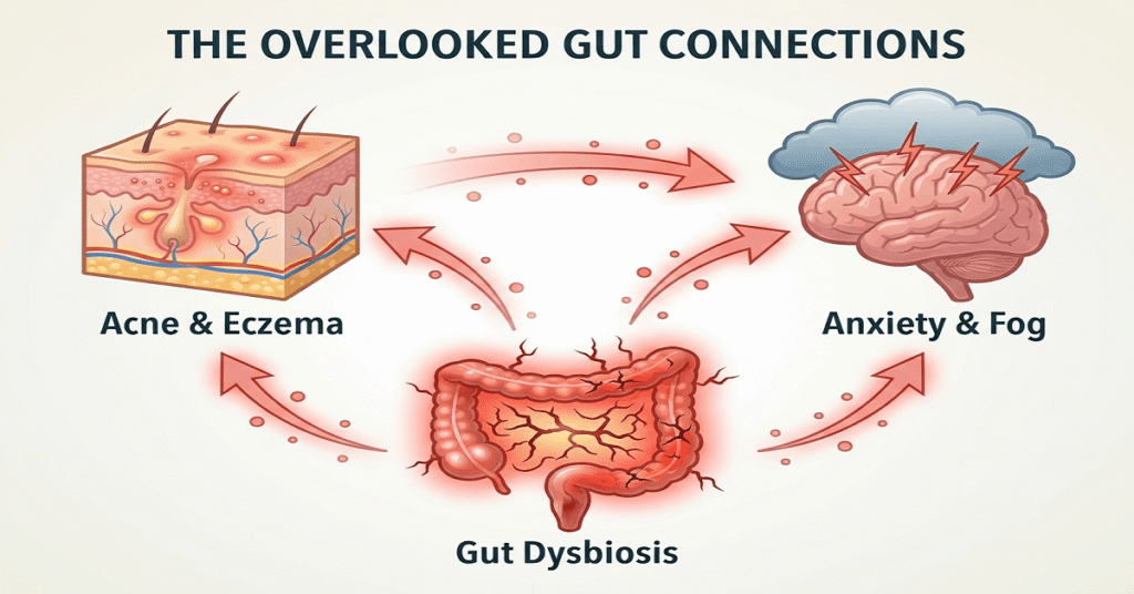 An educational vector illustration showing the direct links between gut dysbiosis, skin inflammation, and mood or brain fog.
