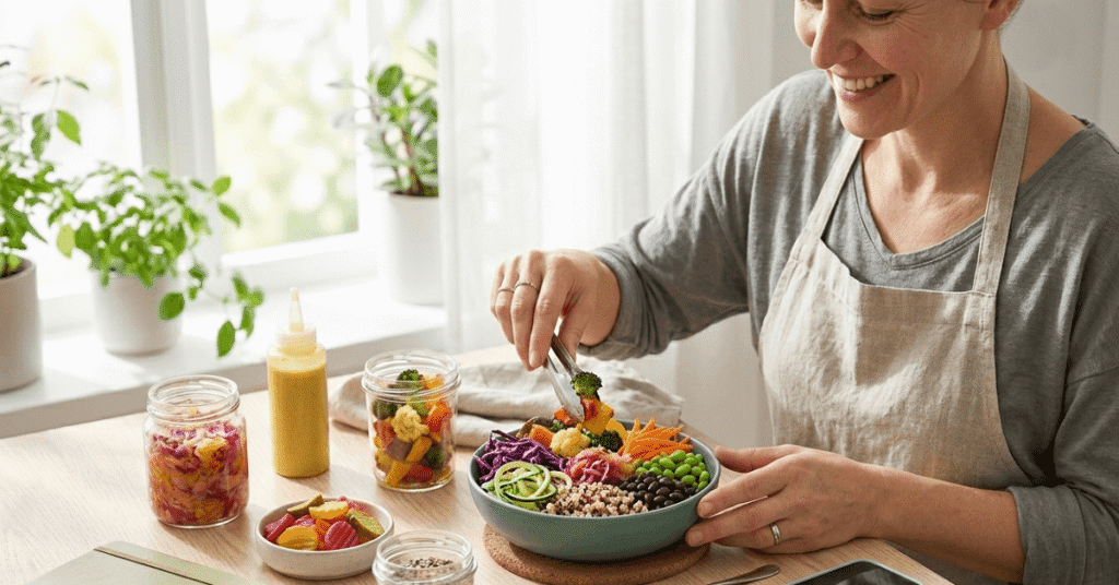 A person preparing a colorful plant-rich meal — supporting both gut health and healthy weight management