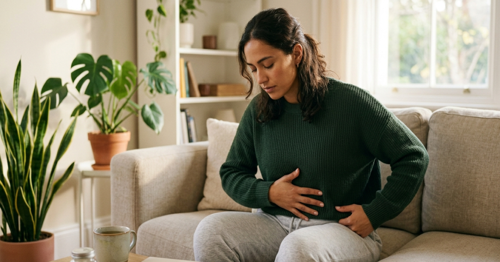 A person checking in with their body — representing the process of assessing gut health symptoms