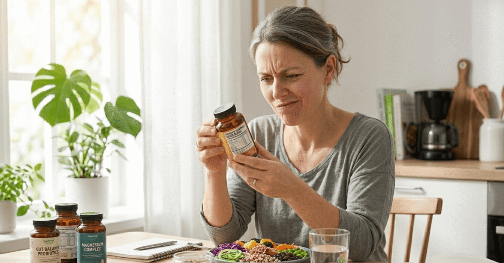 A person reading a supplement label skeptically — representing the need to question common gut health myths