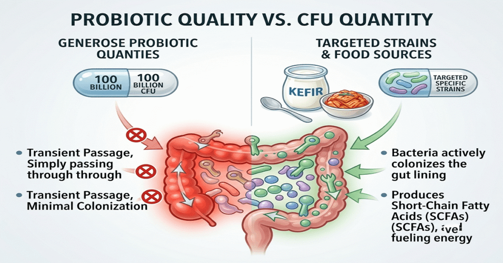 An educational graphic comparing high-dose probiotic supplements with whole fermented foods like kefir and kimchi.