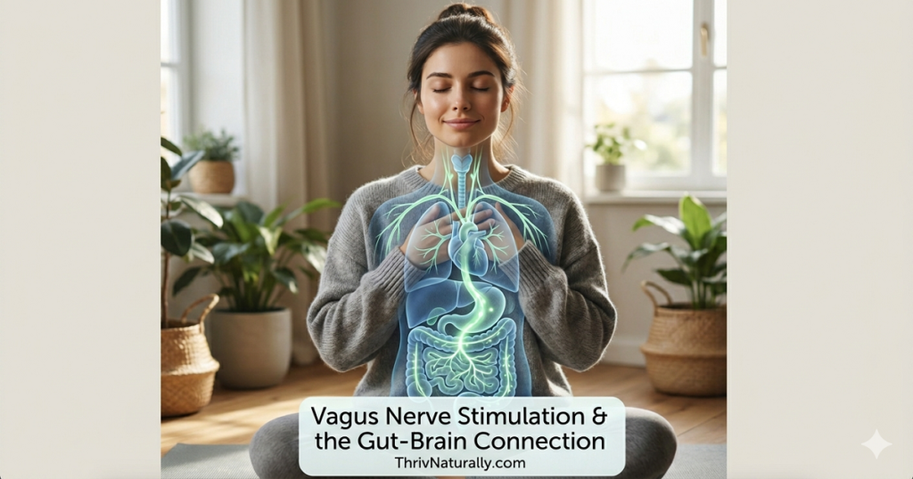 A person practicing deep breathing to activate the vagus nerve and support the gut-brain connection