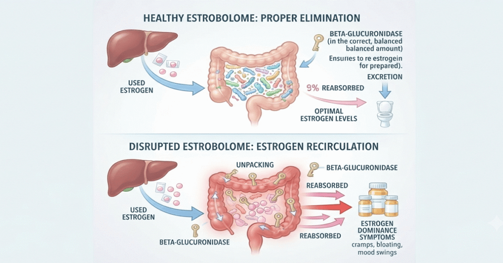 Infographic explaining how the estrobolome and beta-glucuronidase enzyme influence estrogen levels.