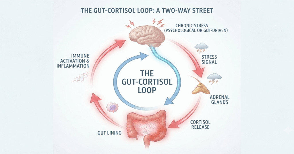 The gut-cortisol feedback loop showing how stress and gut health feed each other.