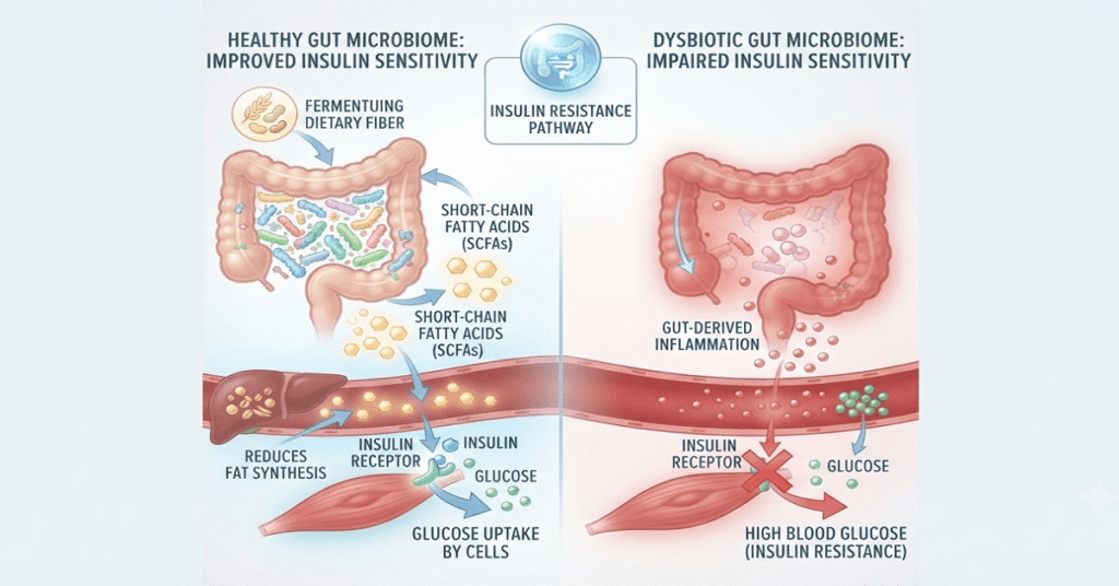 Graphic showing how gut-produced SCFAs and GLP-1 improve blood sugar regulation.