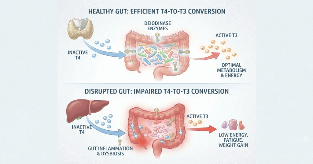 Illustration of the gut's role in converting inactive T4 thyroid hormone into active T3.