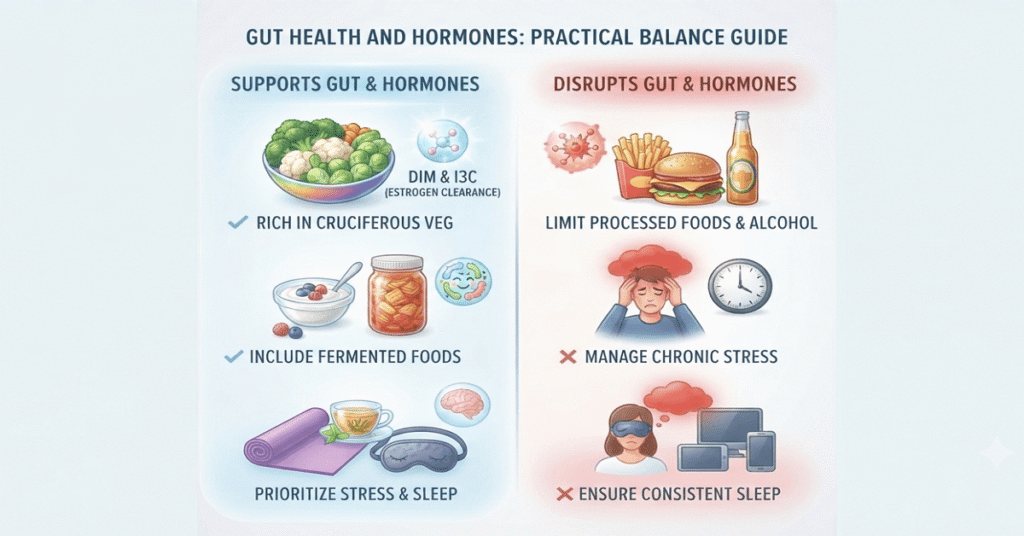 Visual guide showing fiber-rich foods, fermented items, and stress management for hormone balance.