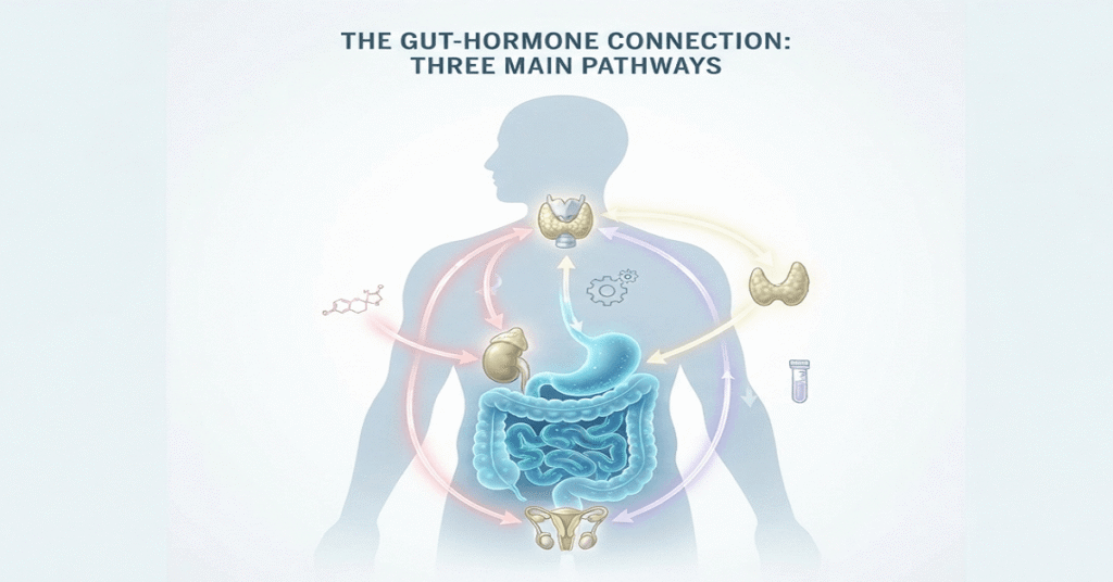 Diagram illustrating the three main pathways of the gut-hormone connection.