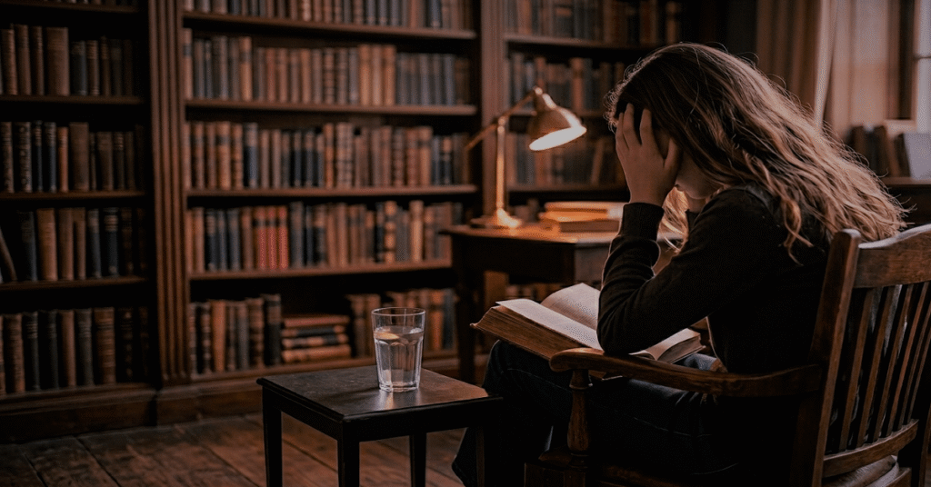 Photograph of a female student seen from behind, sitting slumped in an antique wooden chair in a grand book-filled library.