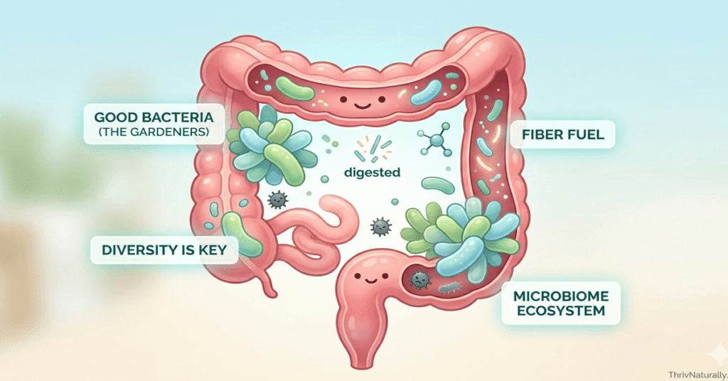 An educational infographic illustrating the gut microbiome as a balanced, blooming inner garden where colorful good bacteria outnumber bad bacteria.