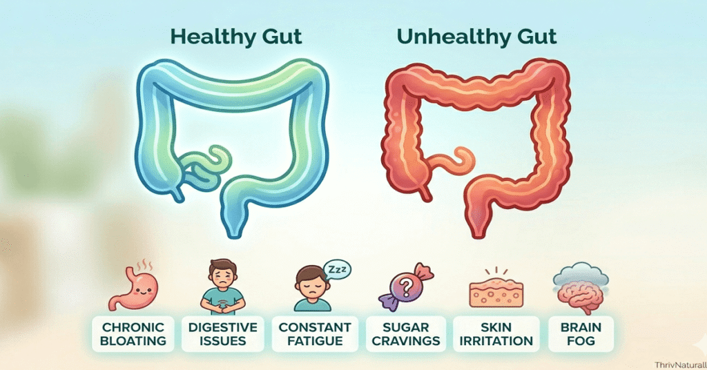An infographic checklist illustrating systemic signs of gut imbalance, contrasting a healthy gut icon with symptoms like bloating, fatigue, brain fog, and sugar cravings.