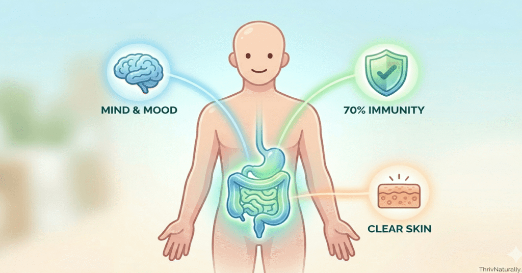 An infographic illustrating how the gut communicates with the rest of the body, showing light pathways connecting a highlighted microbiome to icons for the Brain, Immune System, and Skin.