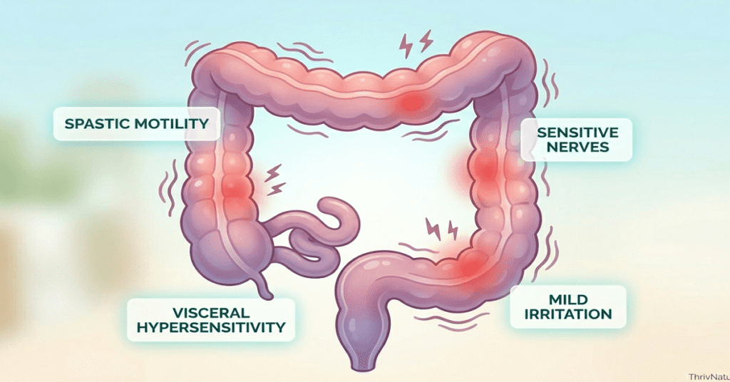 A medical illustration visualizing Irritable Bowel Syndrome (IBS), showing an irregular, spastic colon with icons indicating nerve sensitivity and irritation.