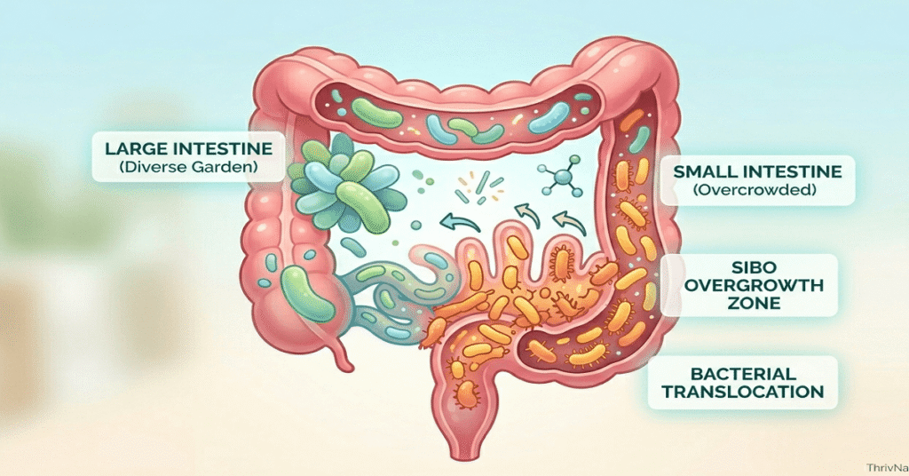An educational diagram visualizing SIBO, showing the small intestine overgrown with dense, misplaced bacteria, contrasting against the diverse garden of the large intestine.