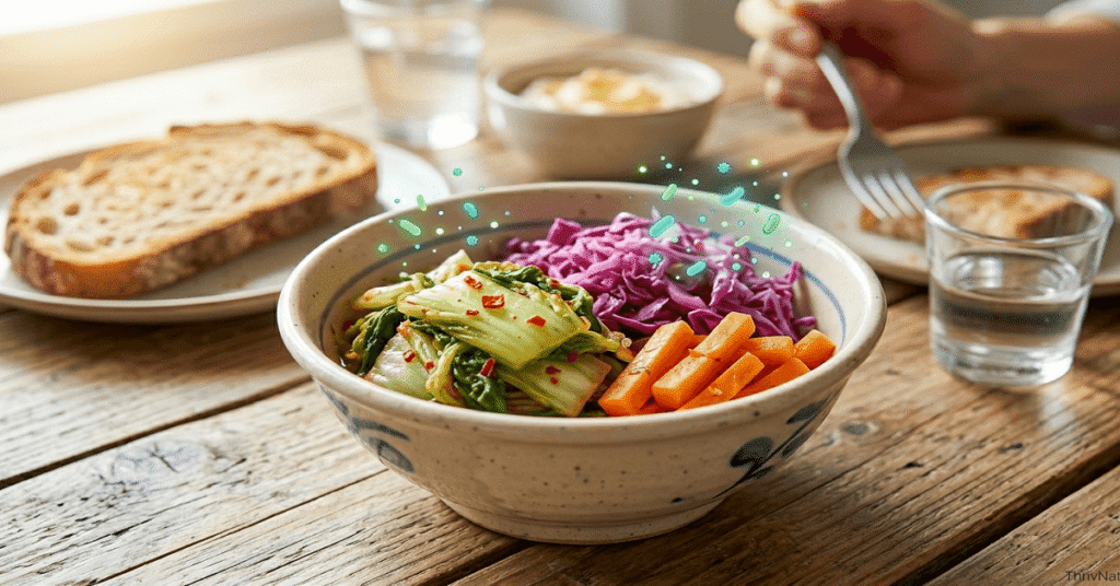 A close-up photograph of a colorful ceramic bowl filled with assorted fermented foods (kimchi, purple sauerkraut) on a sunlit wooden breakfast table.