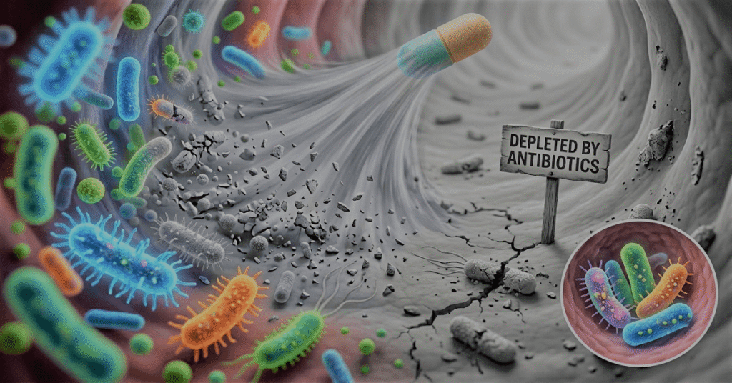 An educational vector illustration showing a gut environment with missing and faded friendly bacteria, illustrating the impact of antibiotics.