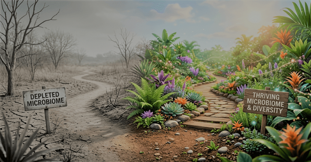 A split landscape transitioning from a dry, monochrome environment to a lush, colorful garden, symbolizing gut microbiome recovery after antibiotics.