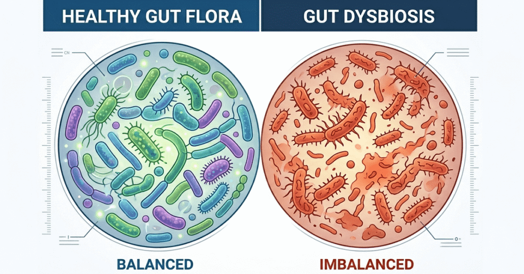 A simplified diagram of balanced and diverse gut flora.