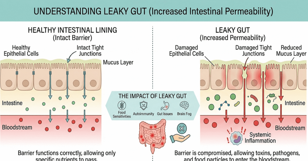 A detailed biological diagram contrasting healthy tight junctions with a 'leaky' intestinal lining, showing undigested food particles passing into the bloodstream.