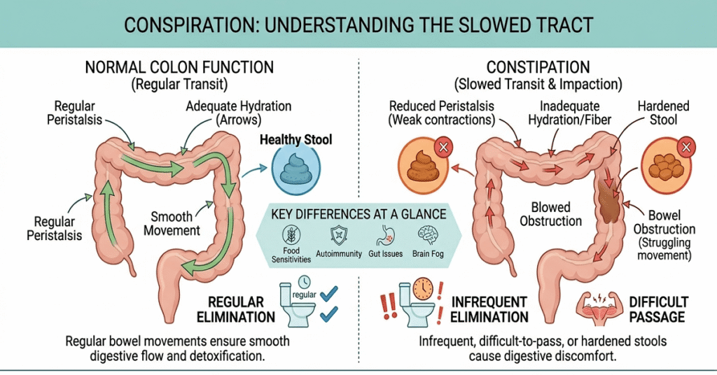 A modern educational diagram visualizing constipation, contrasting normal bowel function with the slowed movement and hardened stool characteristic of the condition.