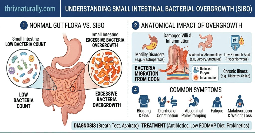 A educational diagram visualizing Small Intestinal Bacterial Overgrowth, contrasting normal anatomy with bacterial migration and illustrating excess bacteria in the small intestine.