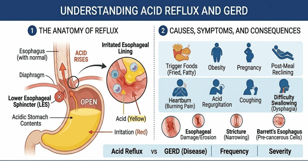 An educational diagram visualizing ACID reflex and GERD , contrasting normal anatomy with the dysfunction of the Lower Esophageal Sphincter and illustrating the backflow of stomach acid into the esophagus.