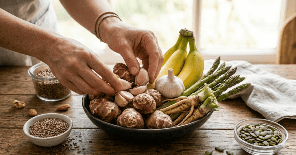 A collection of prebiotic-rich foods including garlic, onions, asparagus, and bananas.