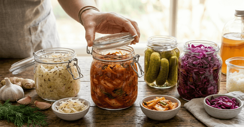 Assortment of glass jars filled with fermented foods like sauerkraut and kimchi.