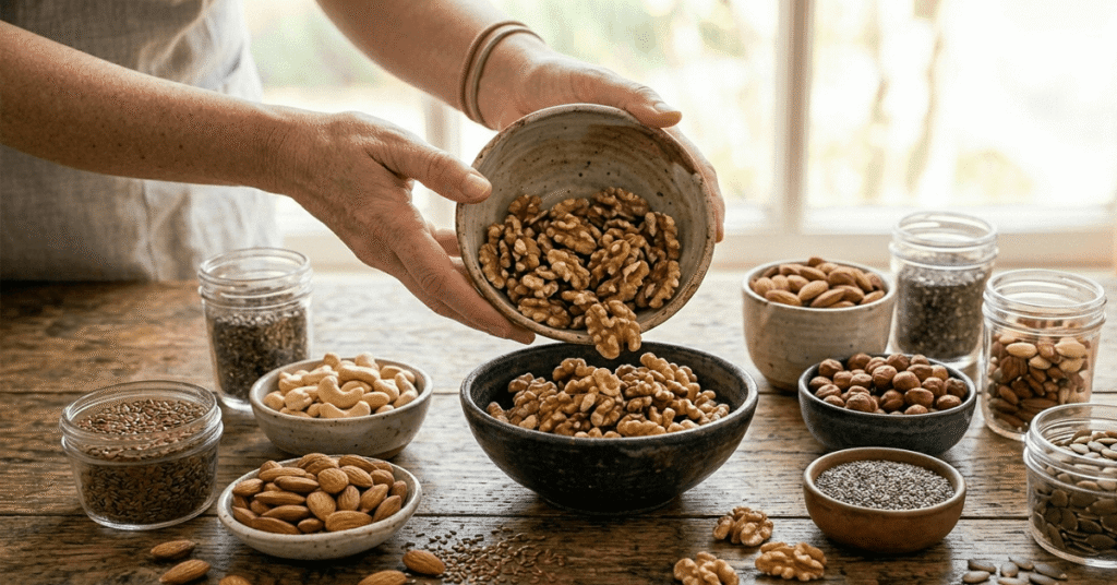 Small bowls of assorted nuts and seeds like almonds, walnuts, and chia seeds.