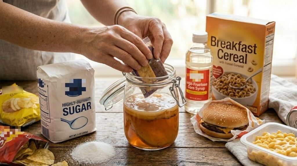 A collection of highly processed, sugary snacks and packaged goods to avoid for better gut health.