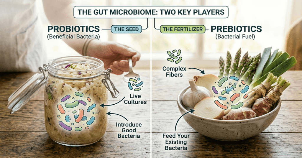 An illustration explaining the difference between probiotics as the good bacteria and prebiotics as the food that feeds them.