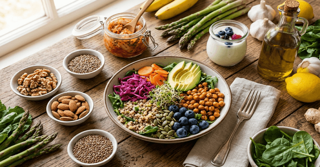 A colorful, gut-healthy Buddha bowl featuring fresh vegetables, fermented foods, and seeds on a wooden table.