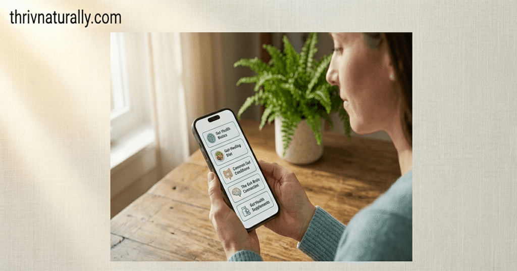 A person thoughtfully selecting their path on a digital device to find the right gut health resources.