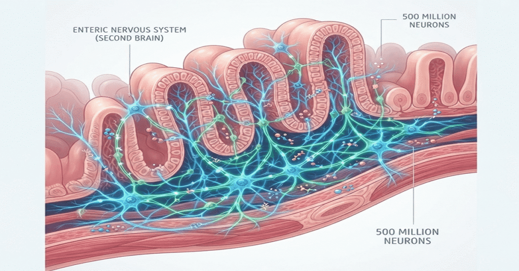 Microscopic view of the enteric nervous system, also known as the body's second brain.