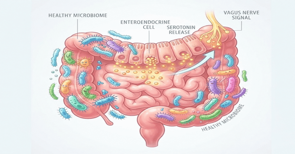 Illustration of diverse gut bacteria producing serotonin to support emotional well-being.